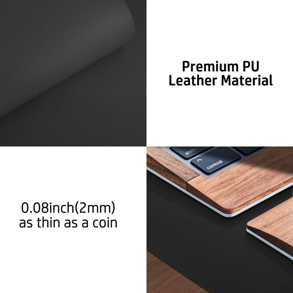 Thin black PU leather desk pad protector with smooth, low-profile corner edge