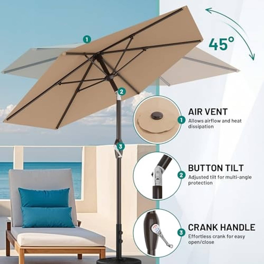 Beige patio umbrella showing air vent, 45° tilt, and crank handle