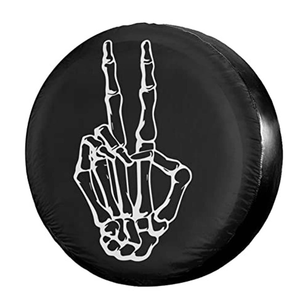 Black spare tire cover with white peace-hand graphic, round front view