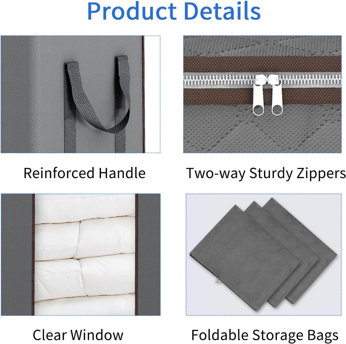 Gray storage bag details: reinforced handle, two-way sturdy zippers, foldable storage bags