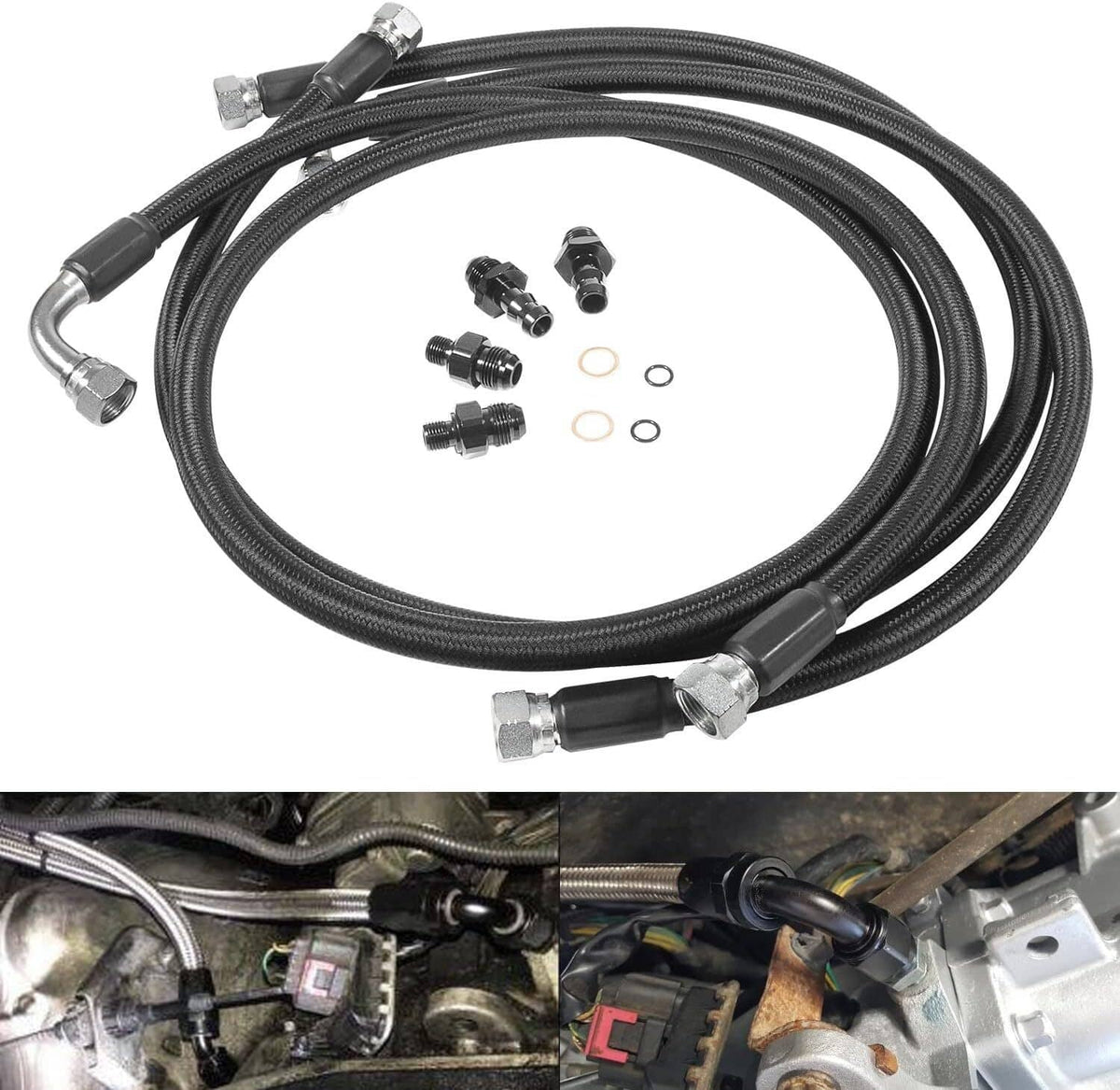 Black braided transmission cooler hose line kit with metal fittings and O-rings