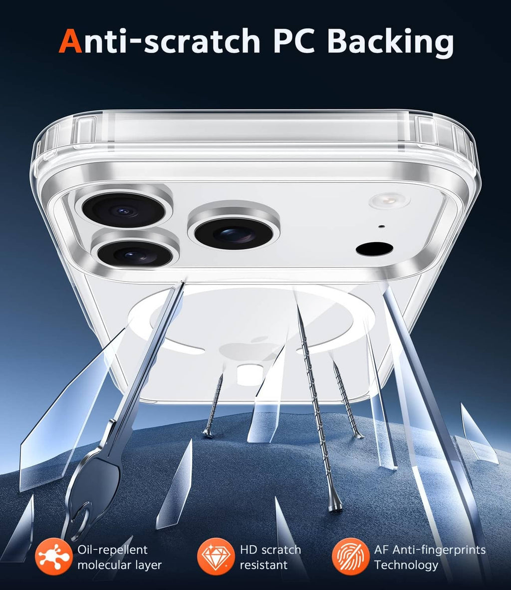 Clear iPhone 17 Pro Max phone case with anti-scratch back and camera bezels
