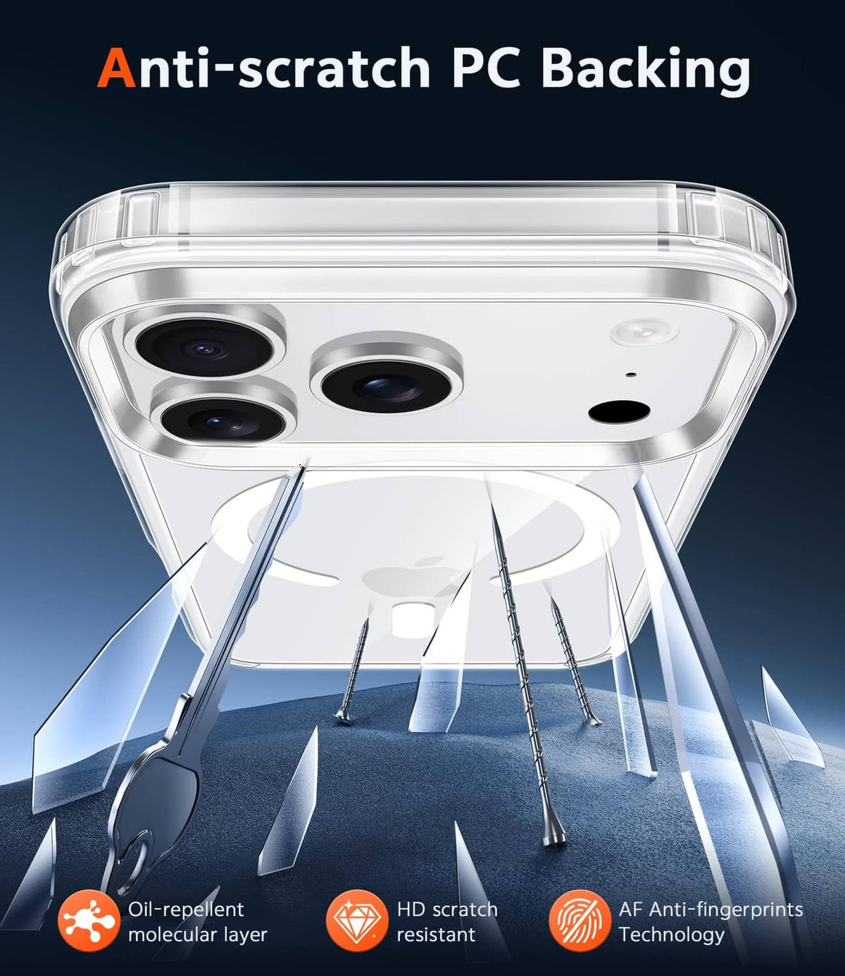 Clear iPhone 17 Pro Max phone case with anti-scratch back and camera bezels