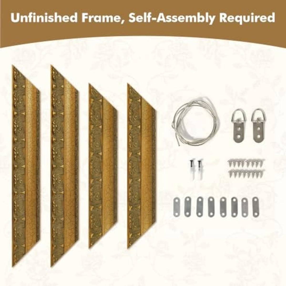 Gold unfinished ornate picture frame kit with multiple pieces and assembly hardware