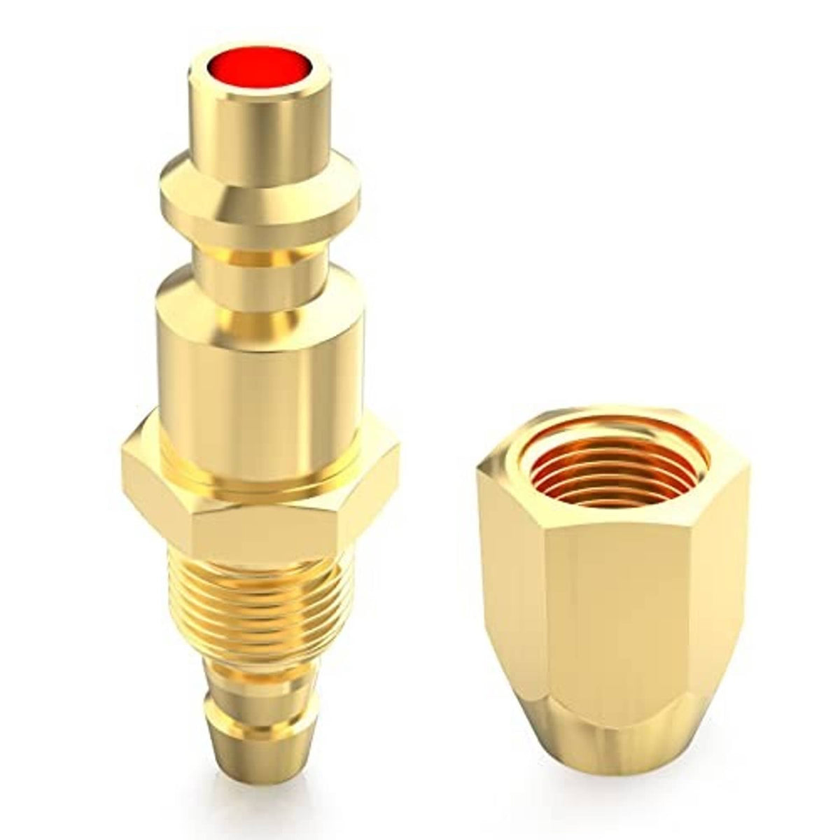Brass pneumatic plug fitting with red top seal and hex body; threaded inlet and outlet