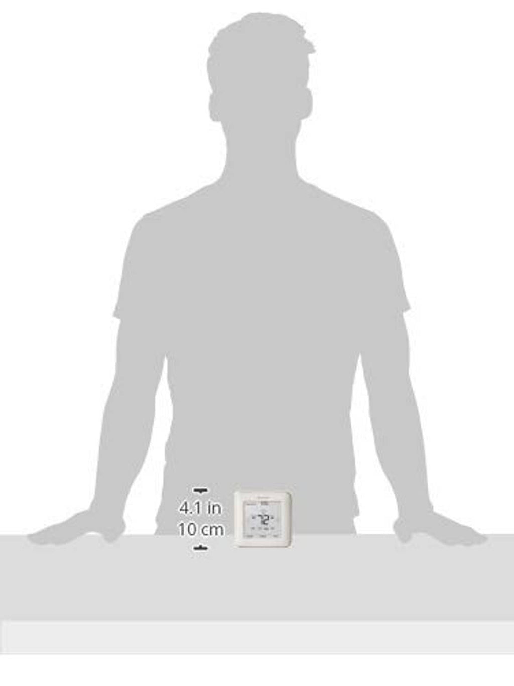 Honeywell Home thermostat size view with 4.1 in measurement on white base