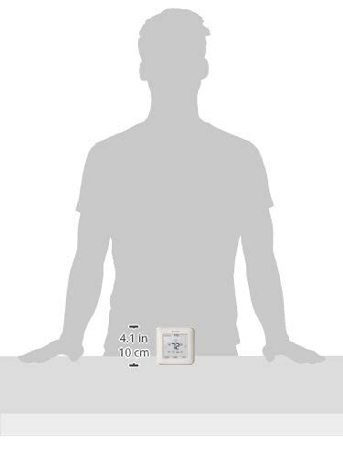 Honeywell Home thermostat size view with 4.1 in measurement on white base