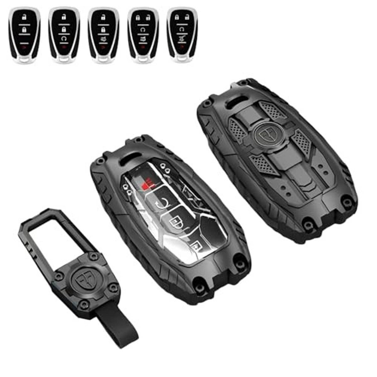 Black key fob case cover with keychain ring, front and back views