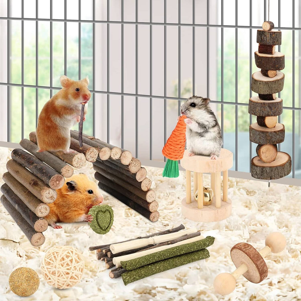 Small pet wooden cage accessories: log tunnel, ramp bridge, hanging chew tower, carrot and heart