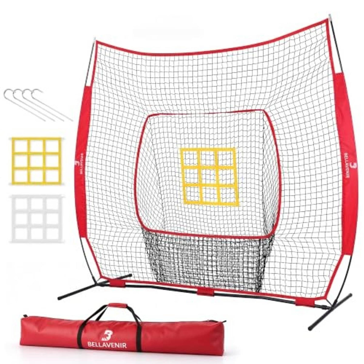 Portable red baseball practice net with white mesh, yellow strike zone target, and carry bag.