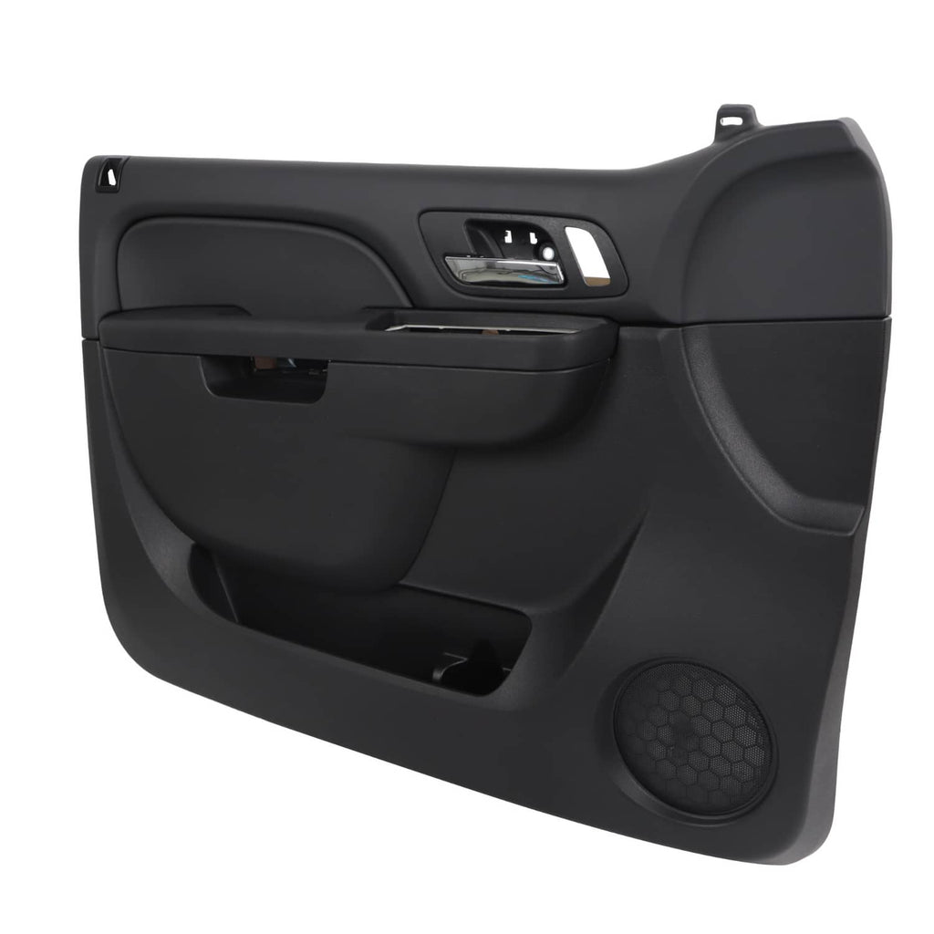 Driver-side interior door trim panel with handle recess and speaker grille, black.