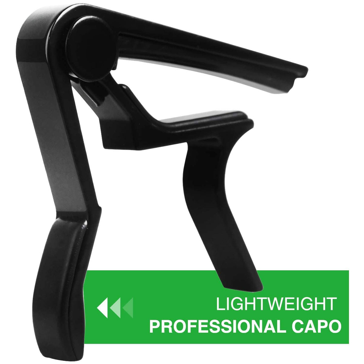 Black guitar capo clamp with curved levers and extended top bar