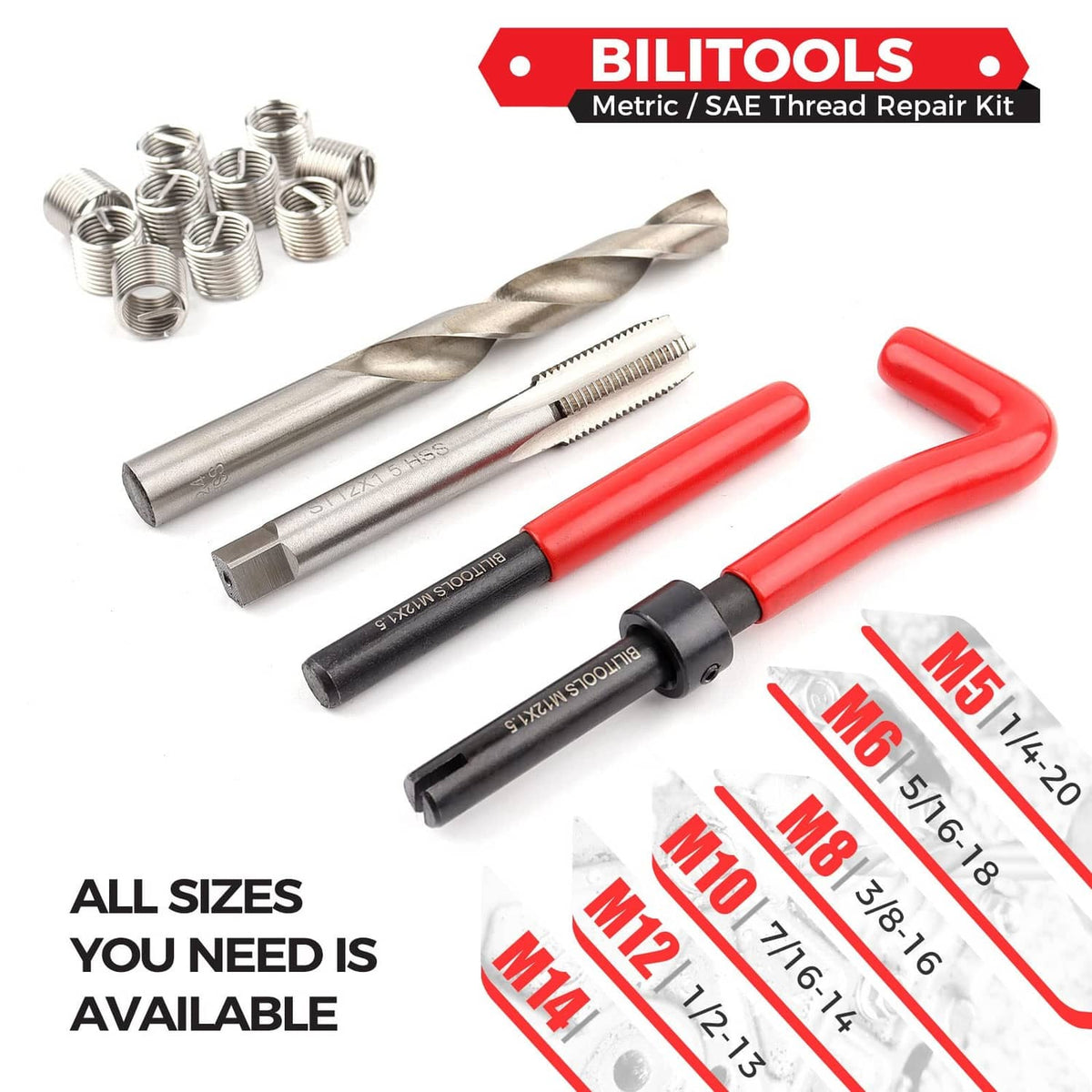 Thread repair kit set with drill bit, tap tools, red/black handles, and assorted threaded inserts