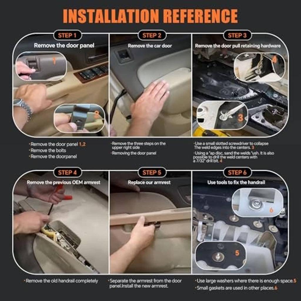 Door armrest installation reference showing tan armrest parts and mounting hardware