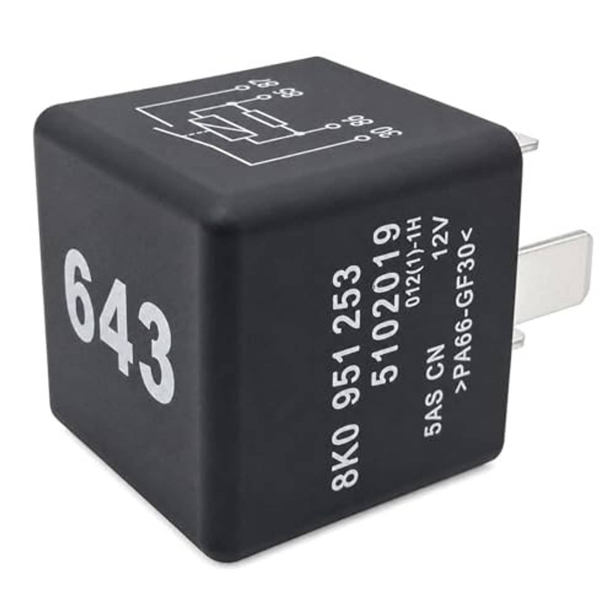Black automotive relay cube with large white “643” marking and side connector prongs