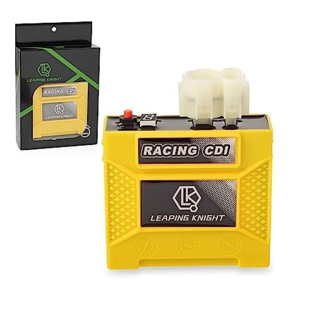 Yellow racing CDI ignition module with white connector block and black control switch area