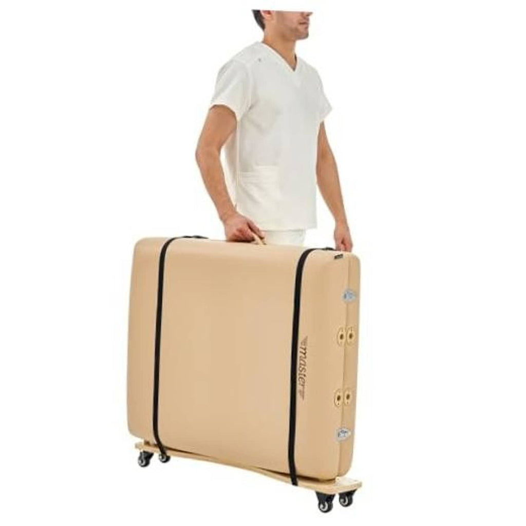 Massage table cart with beige padded cover, black trim, and caster wheels