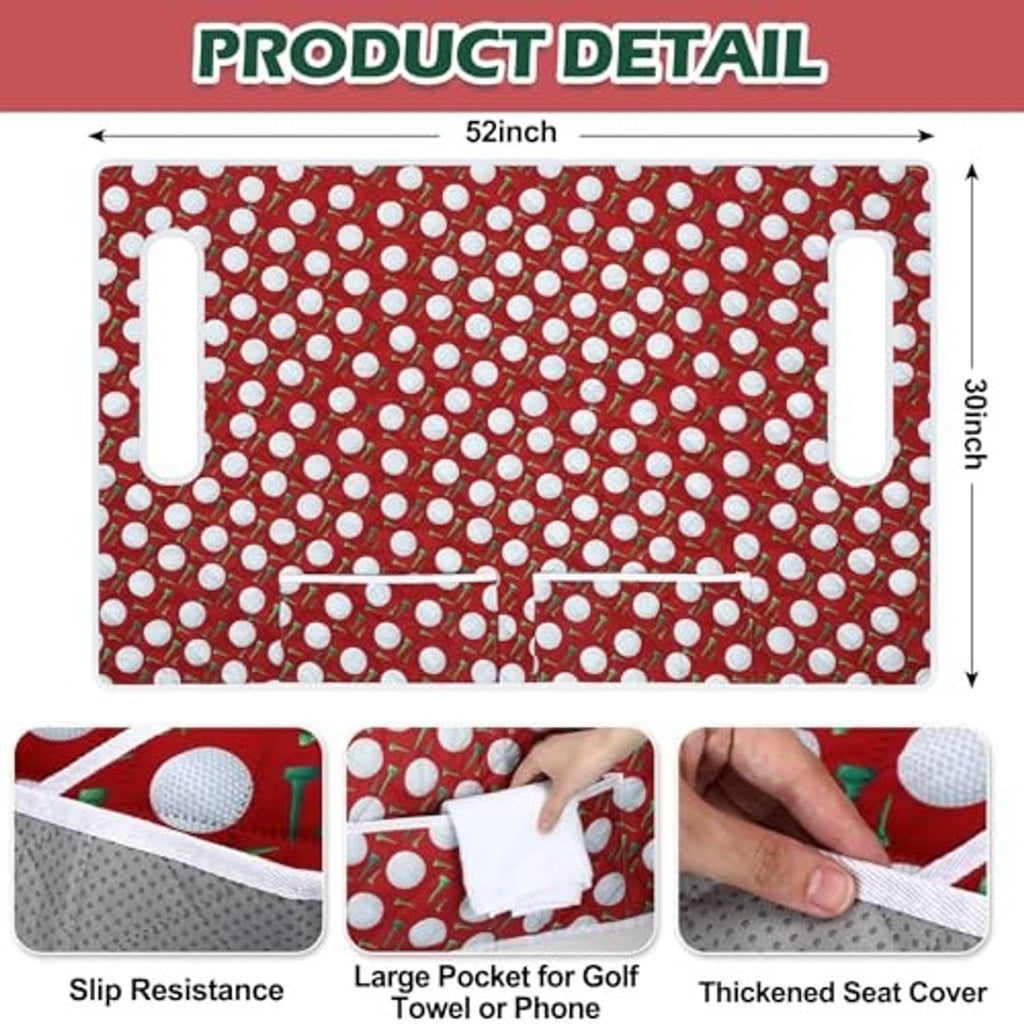 Red patterned seat cover panel with two side handle slots and center pocket detail