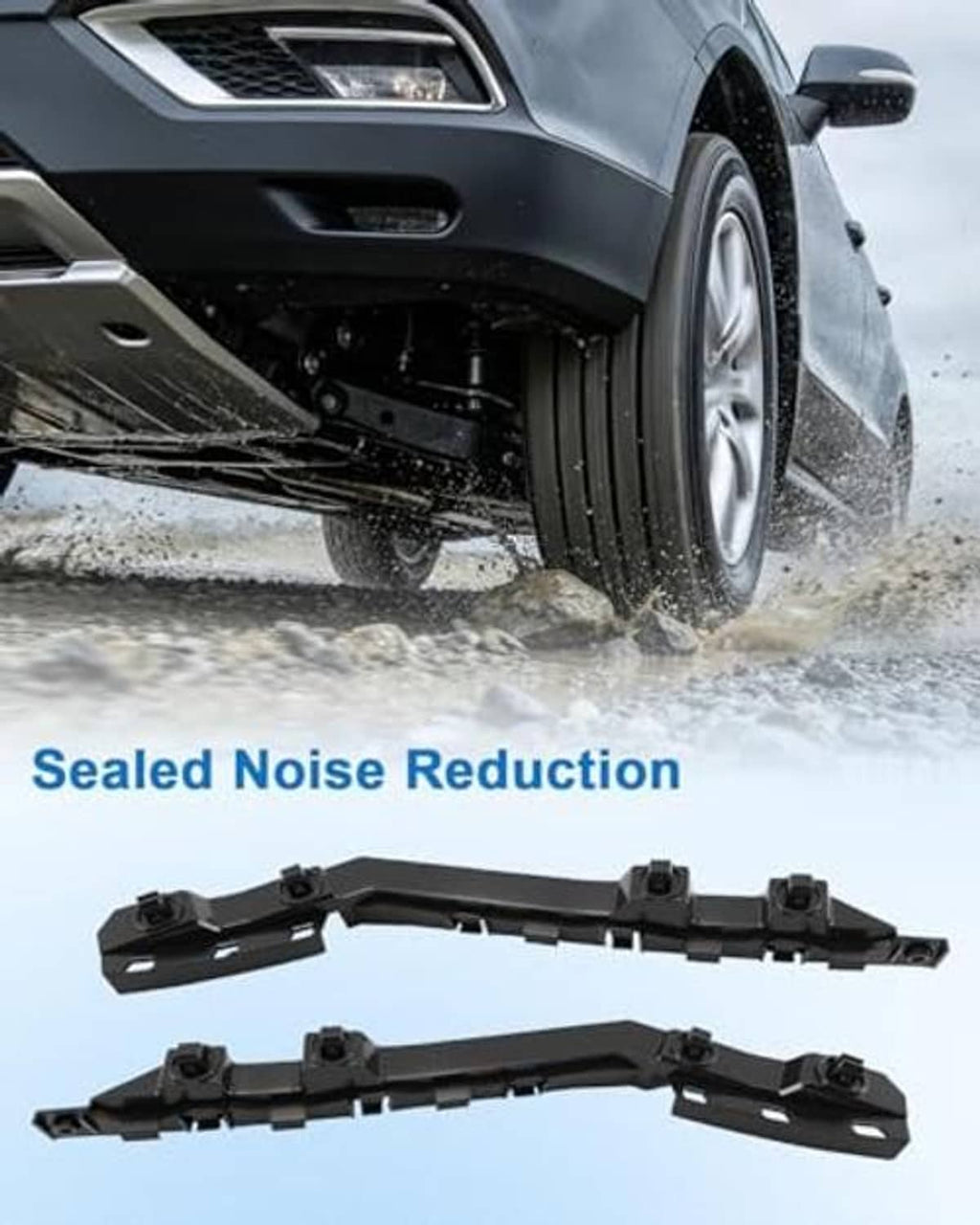Two black plastic front bumper bracket retainers with tabs and screw holes