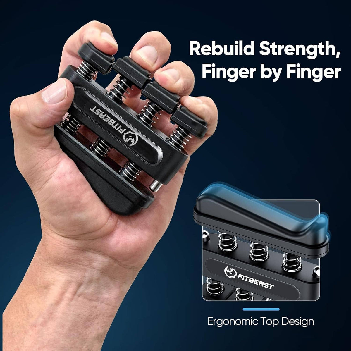 Grip trainer finger exerciser held in hand with multiple spring resistance settings