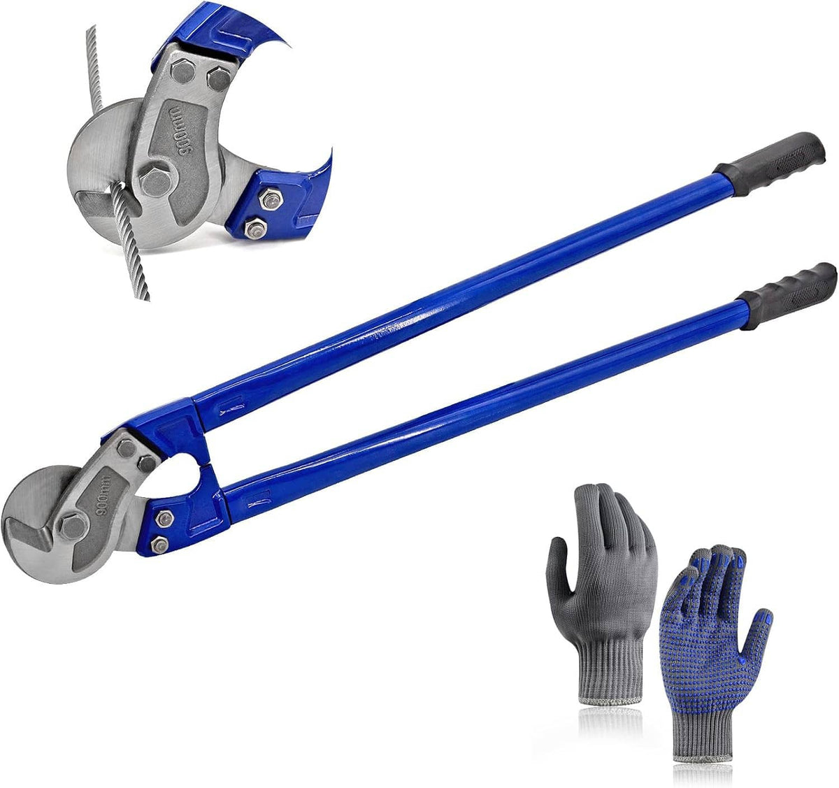 Wire rope cutter with blue handles and round cutting head, plus pair of work gloves.