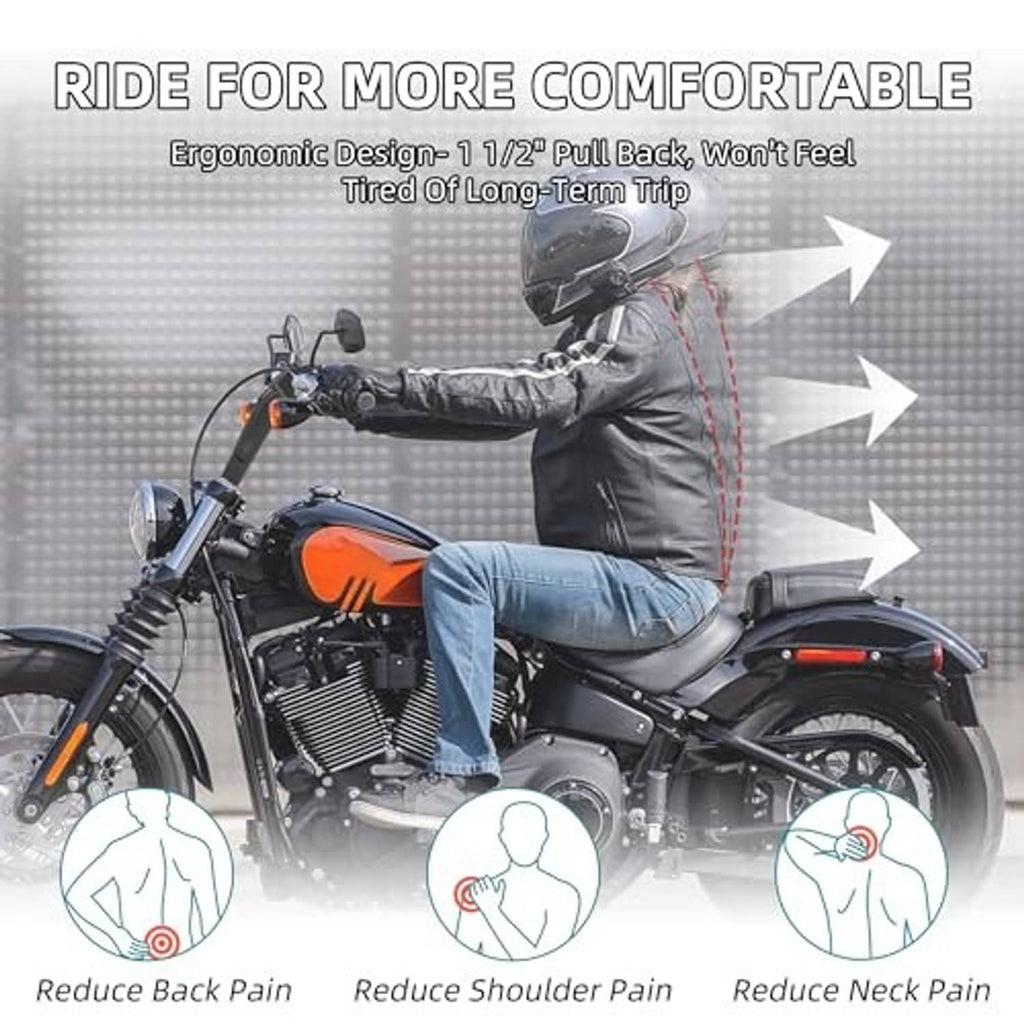 Motorcycle handlebar risers installed on bike, black clamp-style pullback design