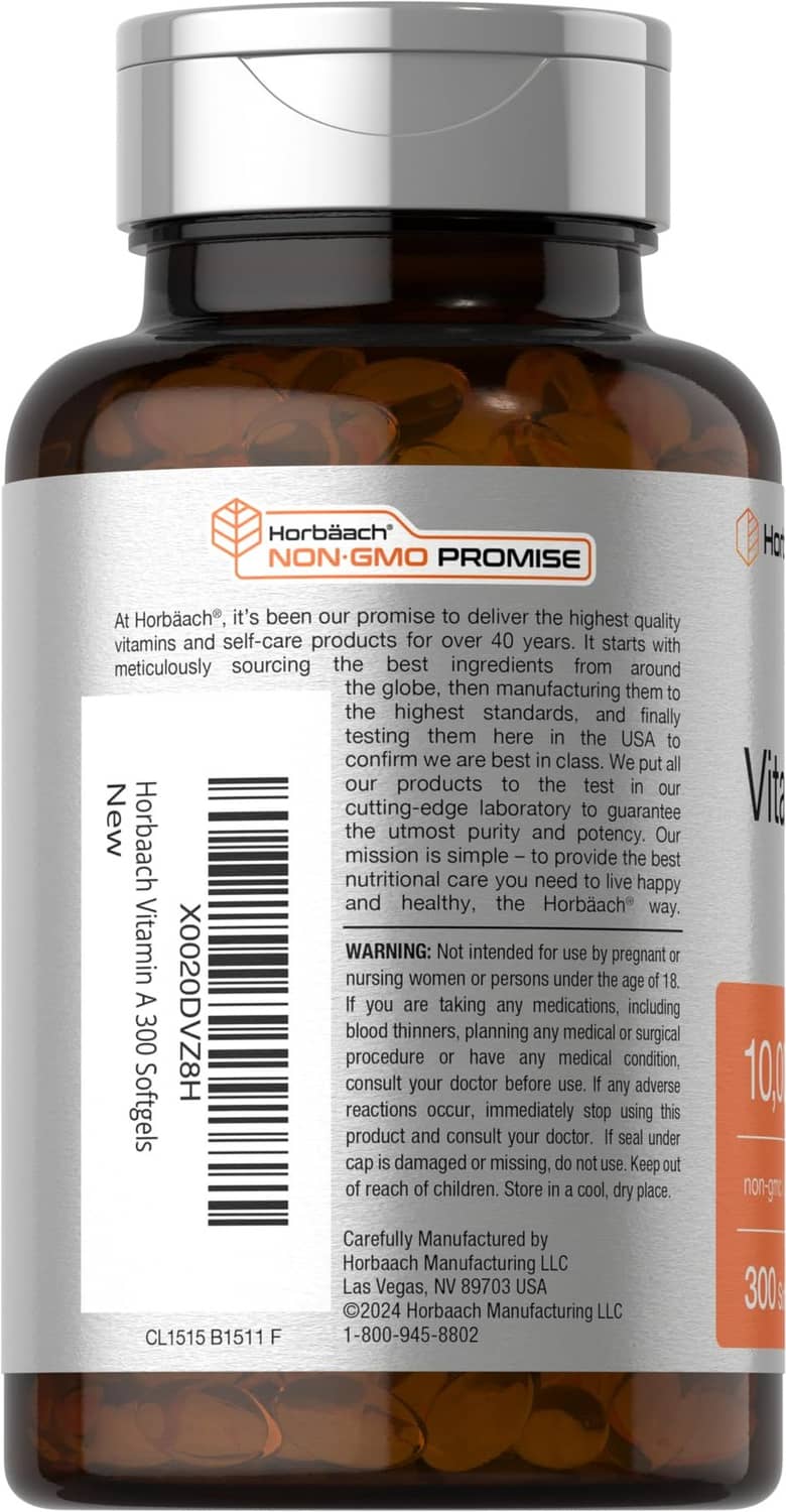Horbäach Vitamin A 10000 IU softgel bottle, 300 count