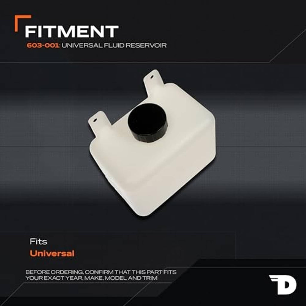 White fluid reservoir with black cap and two top mounting tabs