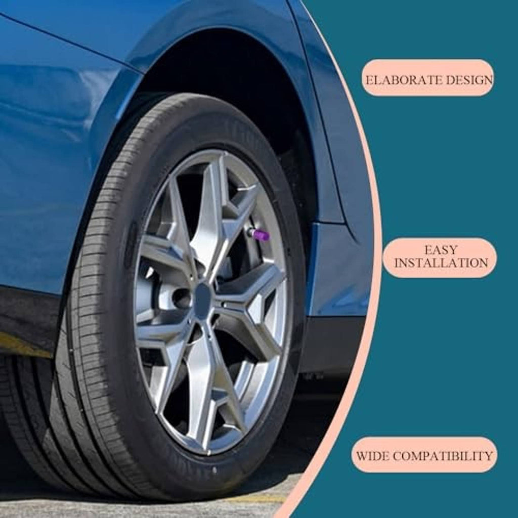 Purple hexagonal valve cap on front tire, mounted on car wheel