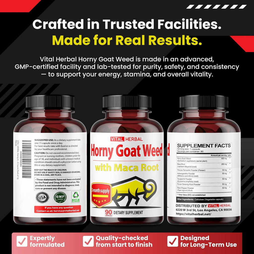 Horny goat weed with maca root bottle trio and quality checklist infographic