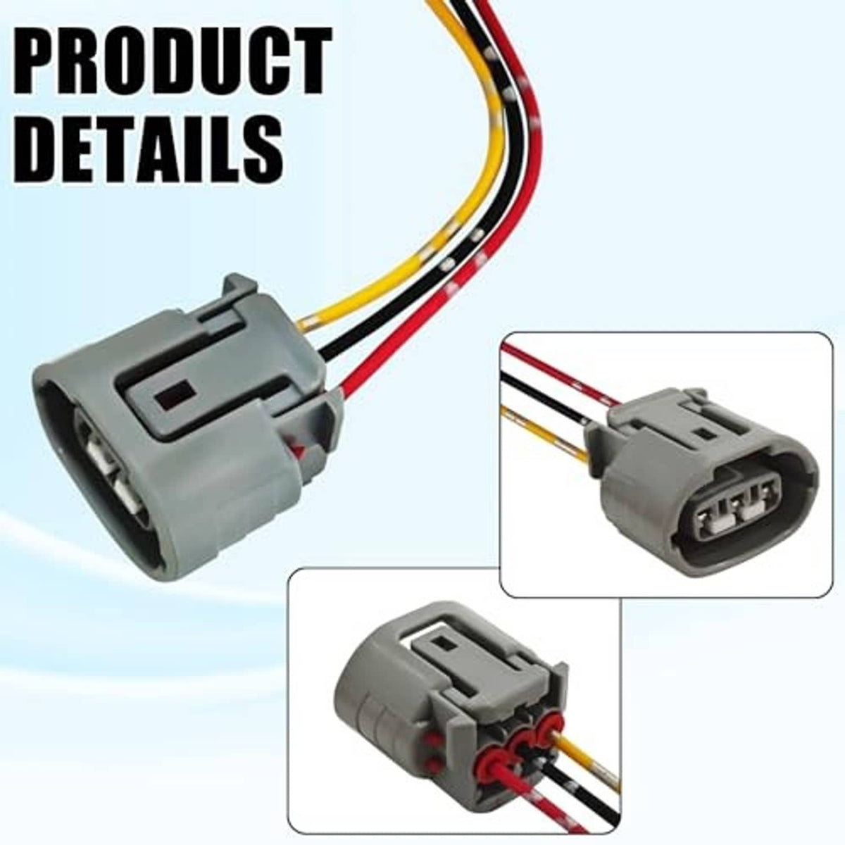 Gray 3-pin connector plug with wire harness, showing front and side details