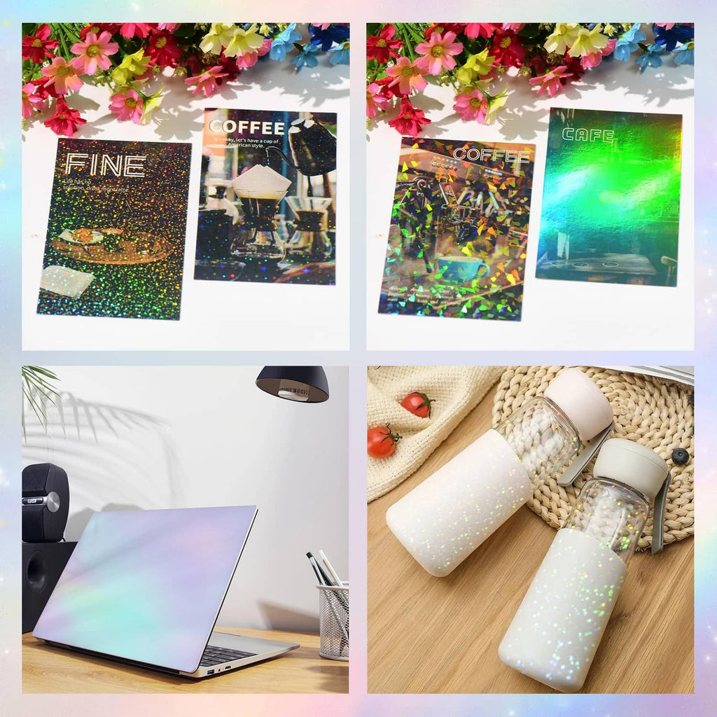 Iridescent holographic laminate sheet applied to notebook and drink bottle