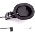 Black recliner release handle with circular grip and metal cable clip