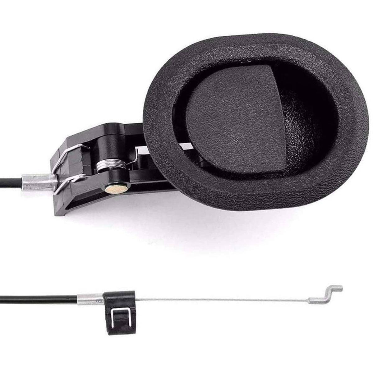 Black recliner release handle with circular grip and metal cable clip