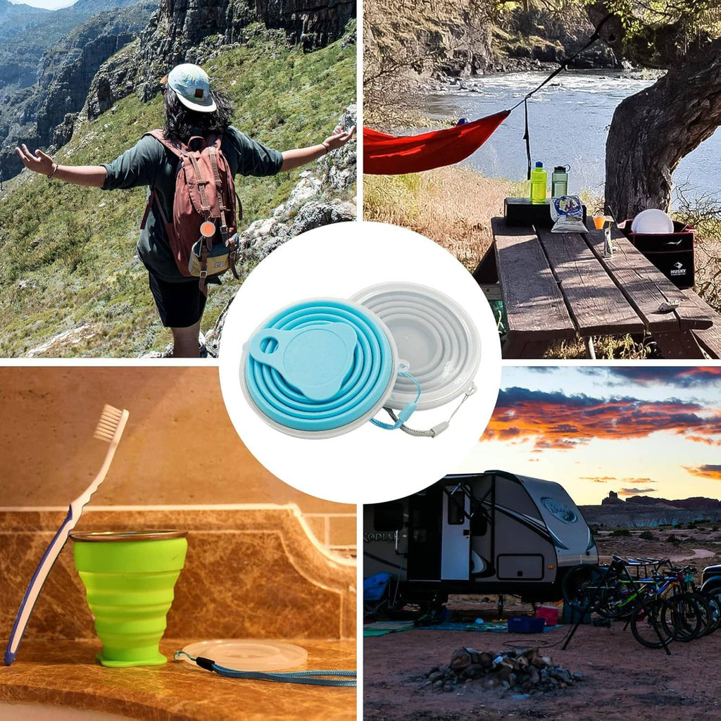 Collapsible travel cup in use outdoors, blue and gray cup among camping scenes