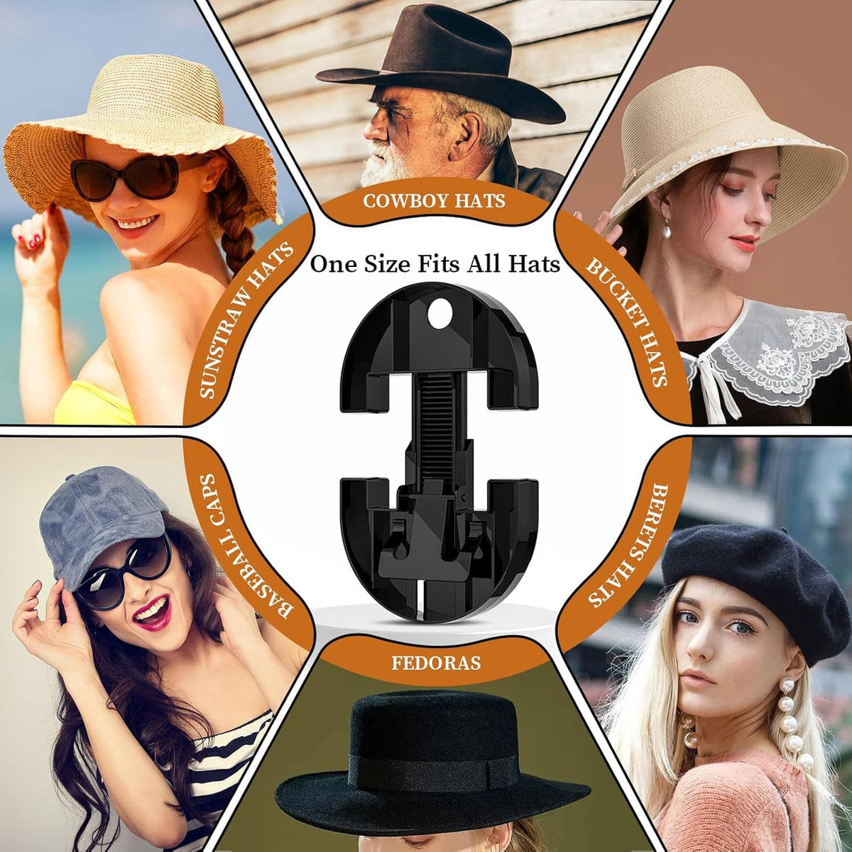 Adjustable hat stretcher centered with multiple fedora and cowboy hat styles around it