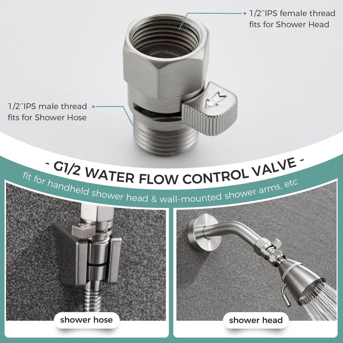 Brass shower flow control valve with G1/2 male thread and 1/2 IPS female inlet