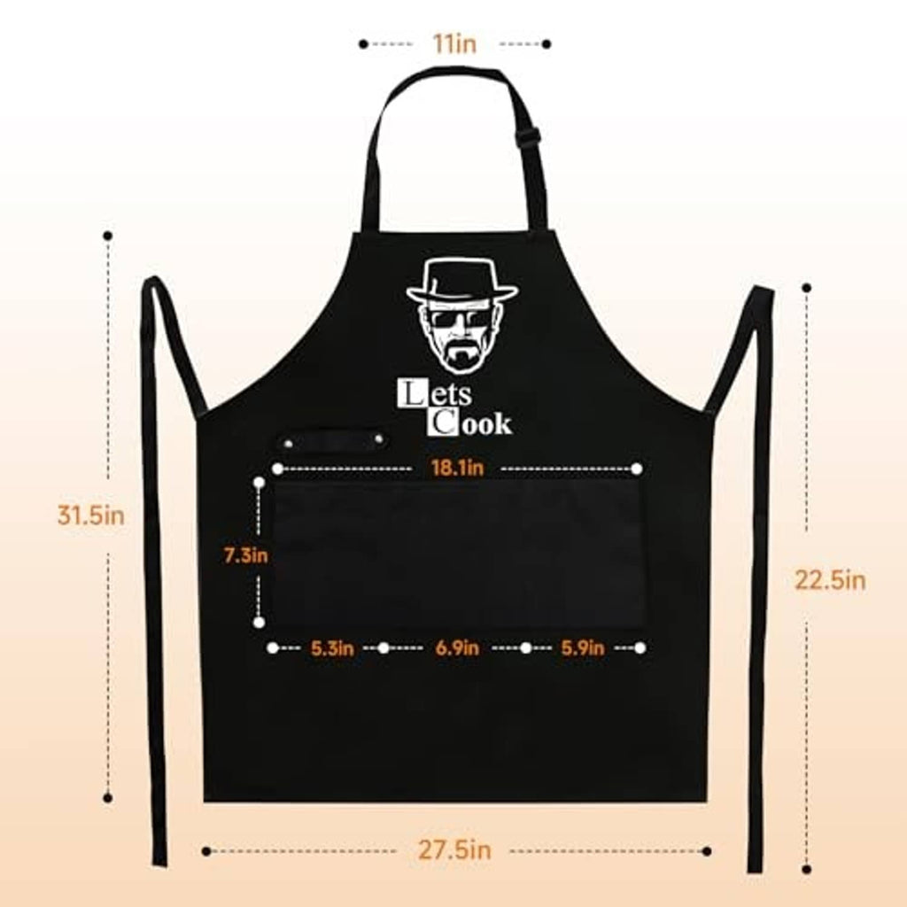 Black apron size diagram with adjustable neck strap and front pocket layout