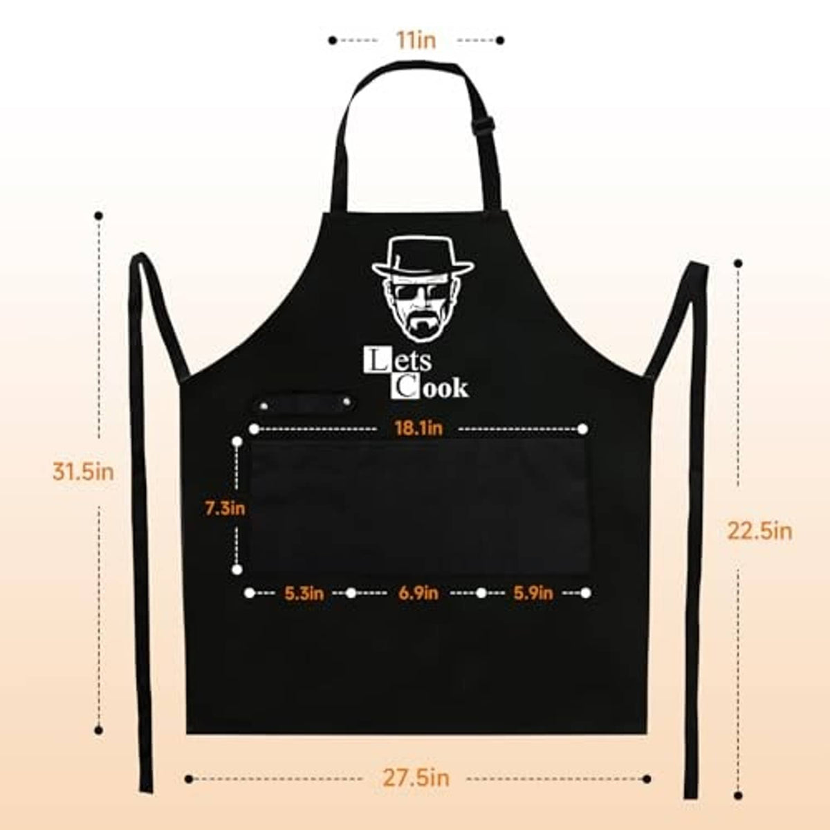 Black apron size diagram with adjustable neck strap and front pocket layout