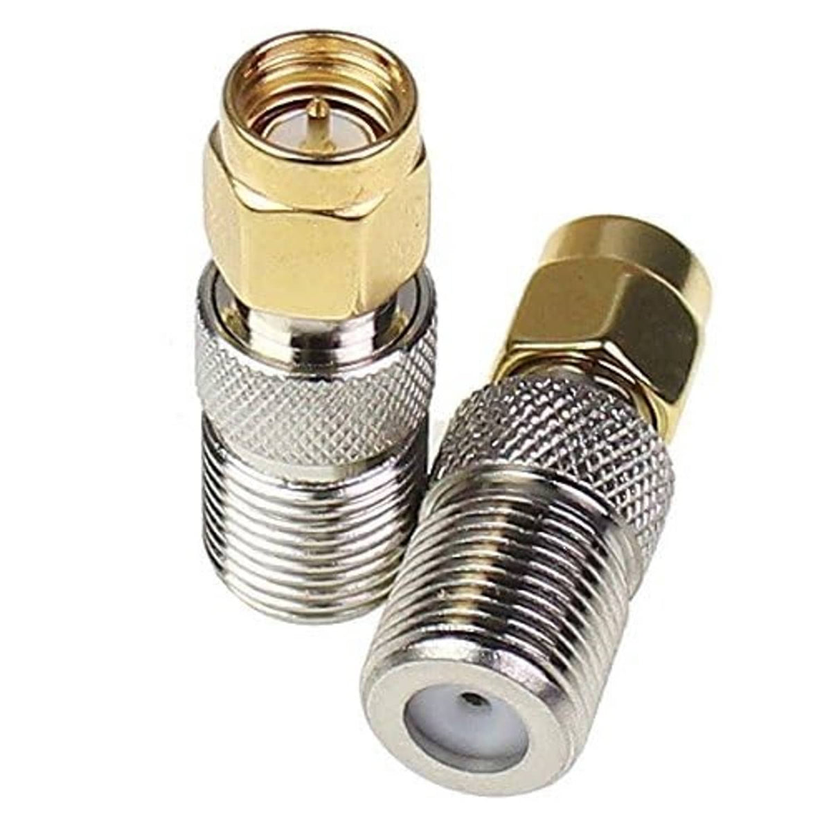 Close-up coaxial adapter with silver knurled body and gold threaded contact