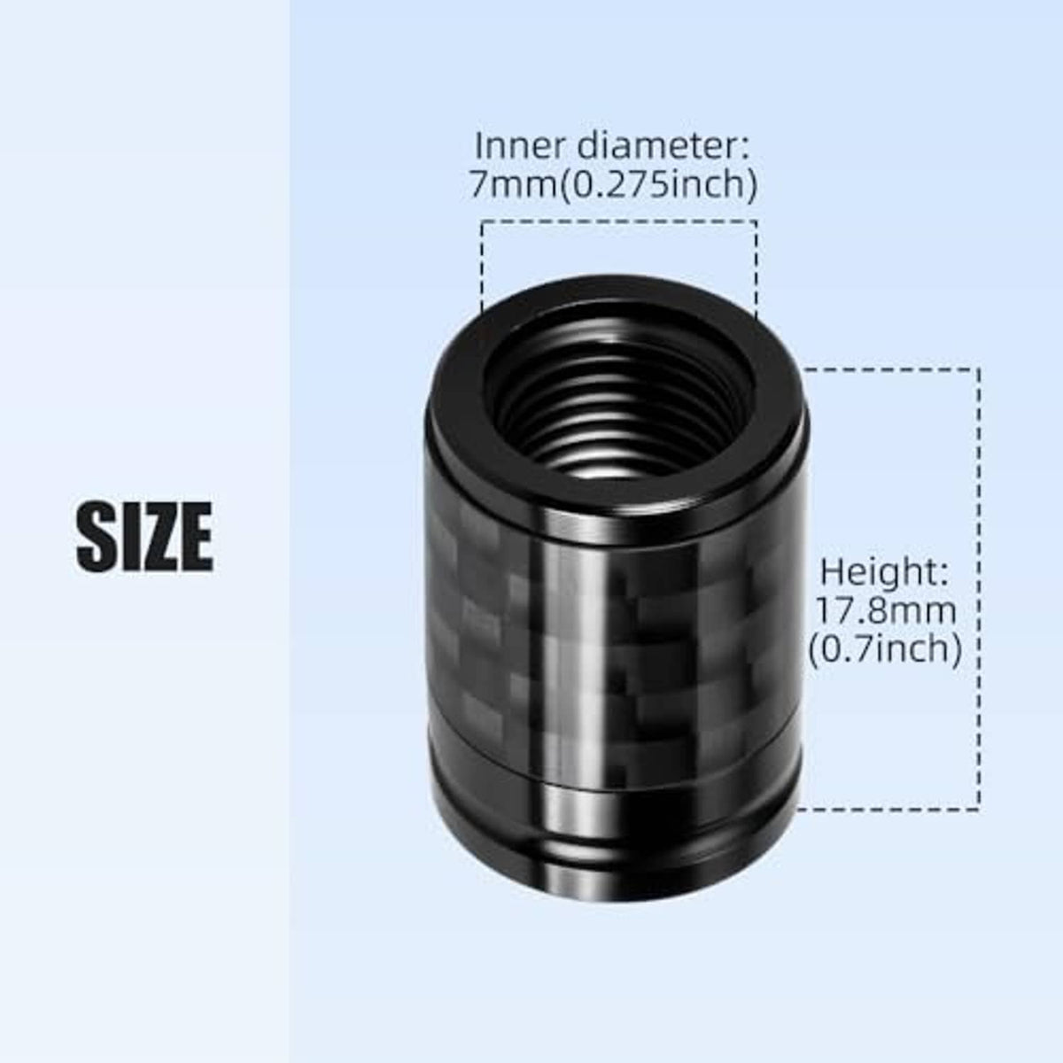Black carbon fiber-style tire valve stem cap size: 7mm inner diameter, 17.8mm height
