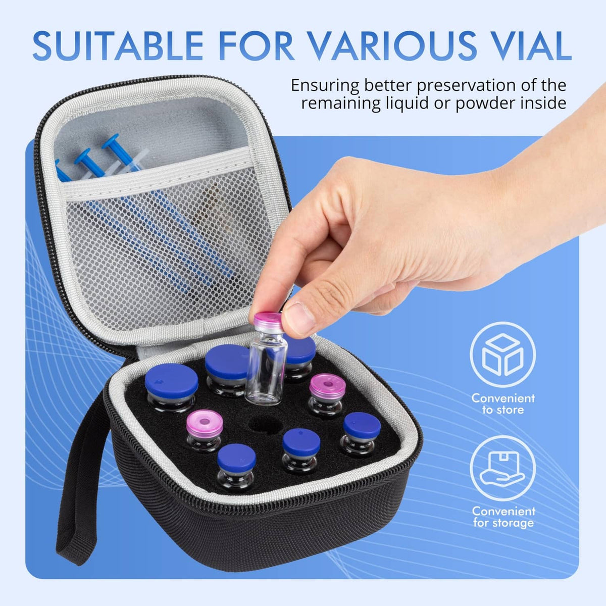 Black insulin vial case with mesh lid and foam holders; hand inserting a vial