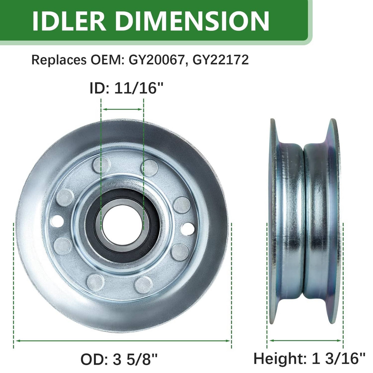 Lawn mower idler pulley with dark gray housing and center bearing hub