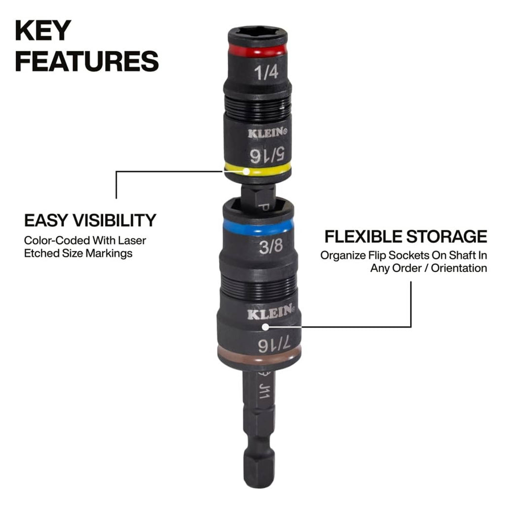 Klein Tools impact socket set with etched size markings on stacked flip sockets
