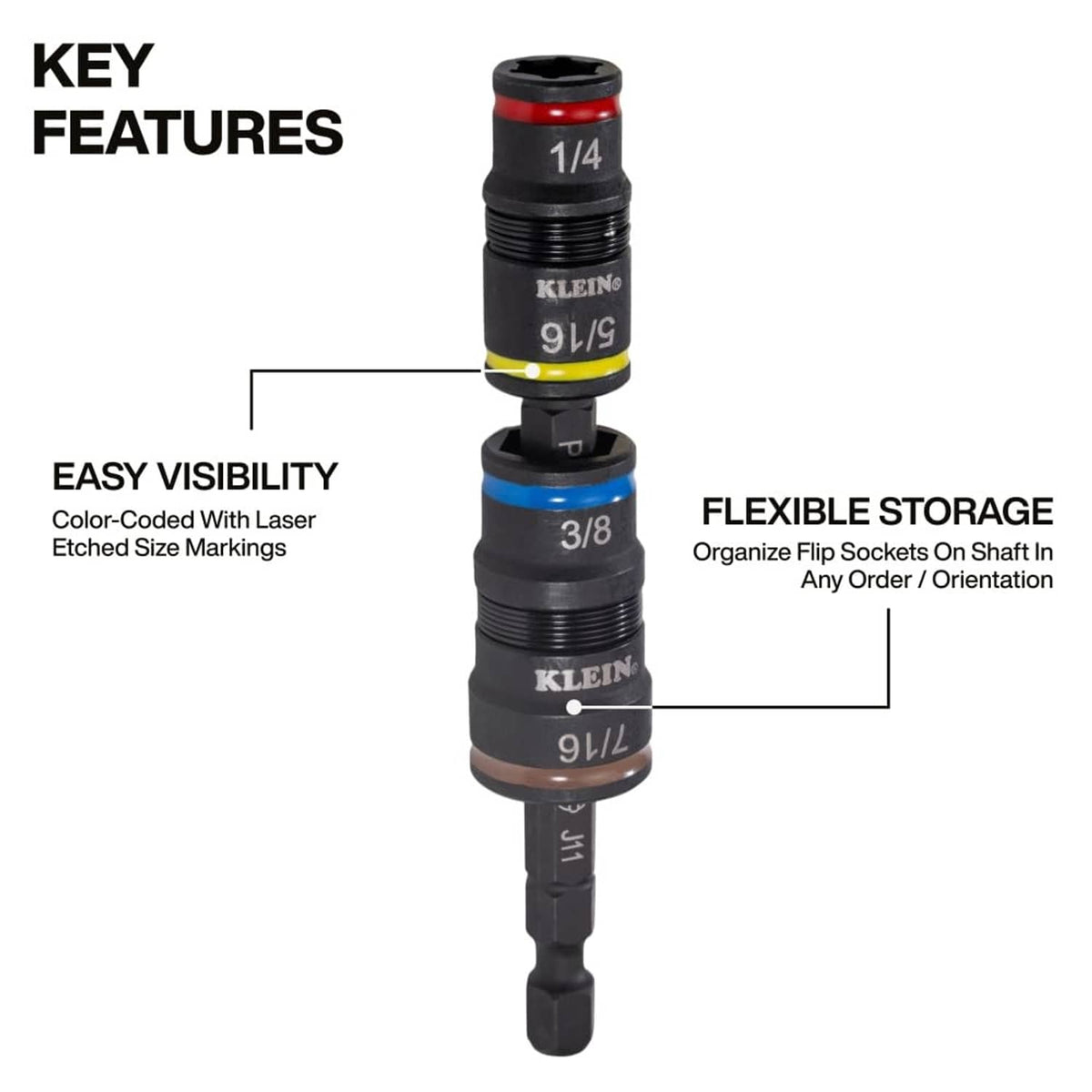 Klein Tools impact socket set with etched size markings on stacked flip sockets