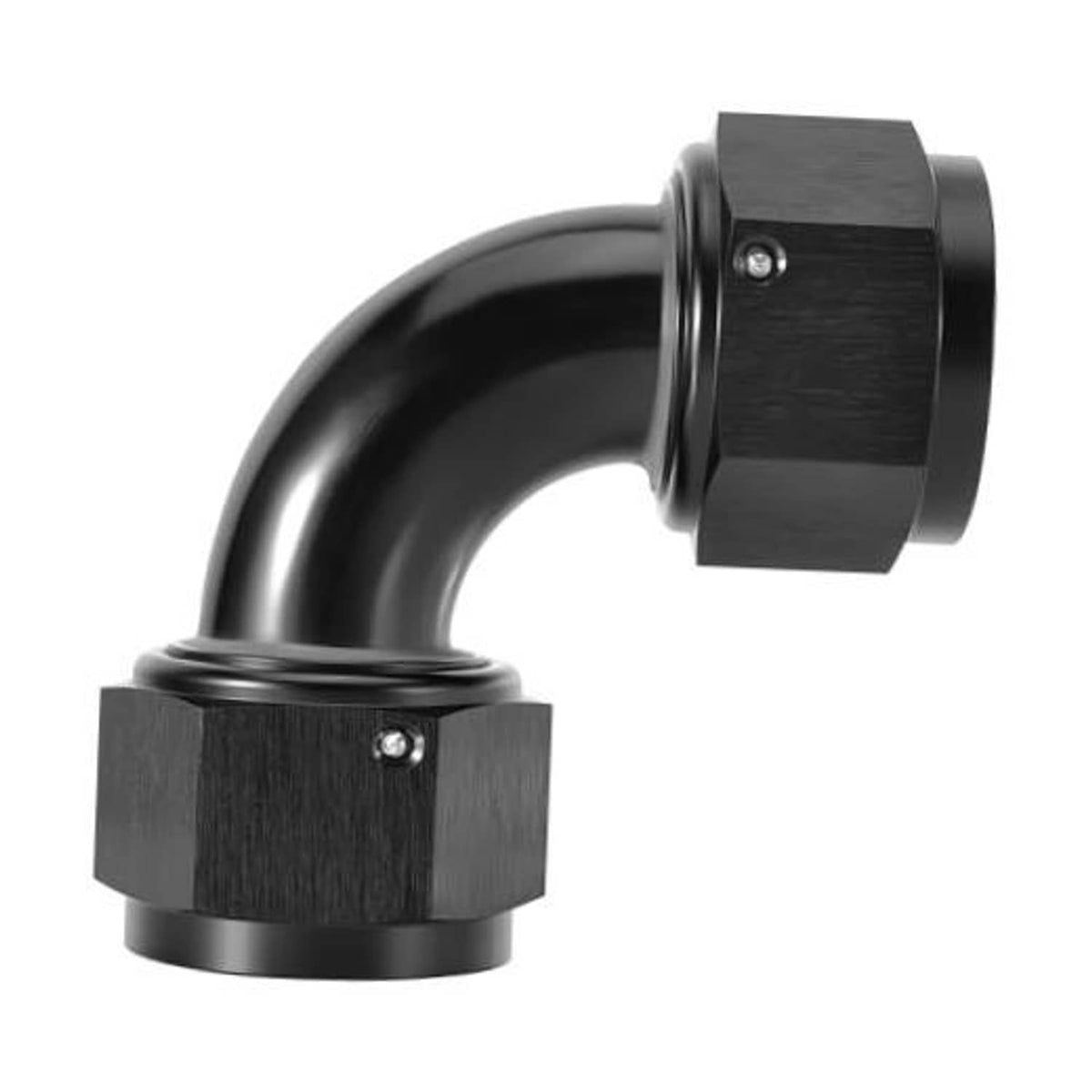 90-degree swivel AN coupler with dark brushed metal finish and female ends