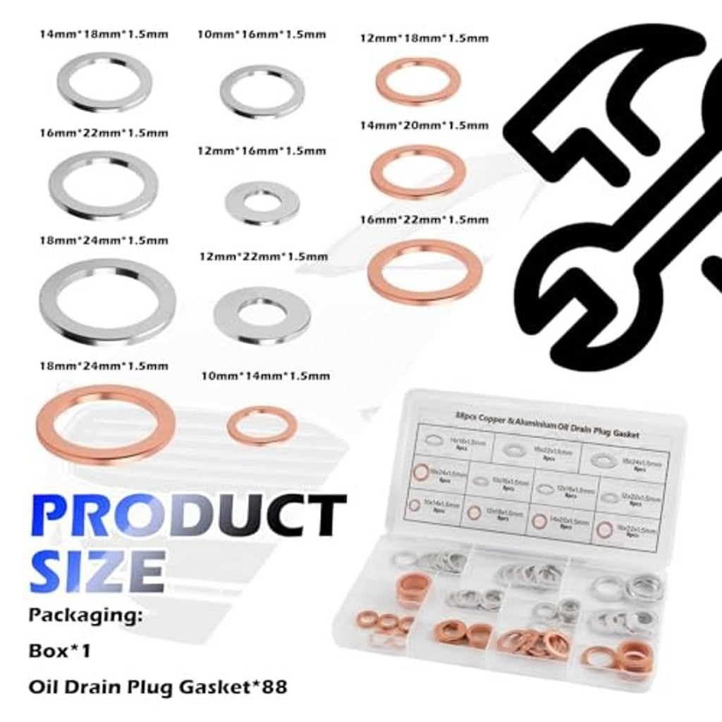 Oil drain plug gasket washer set with labeled sizes, copper and silver washers