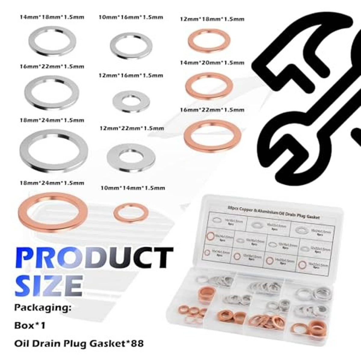 Oil drain plug gasket washer set with labeled sizes, copper and silver washers