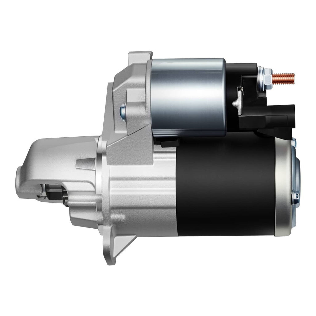 Starter motor assembly with silver housing and black motor, electrical terminal on top.