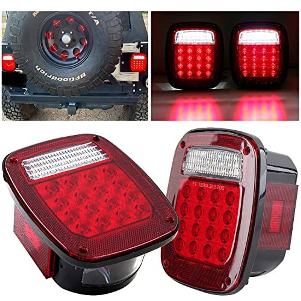 Pair of square rear tail lights, red lens with white top LED and red LED panel